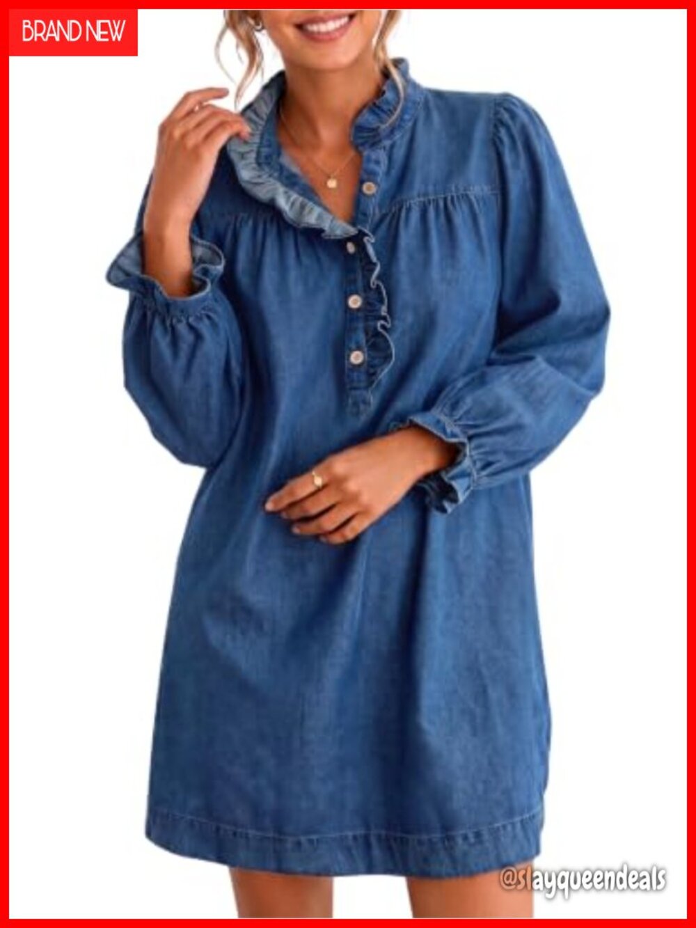 Women's Long Sleeve Denim Dress Half Button Ruffle Mini Shift